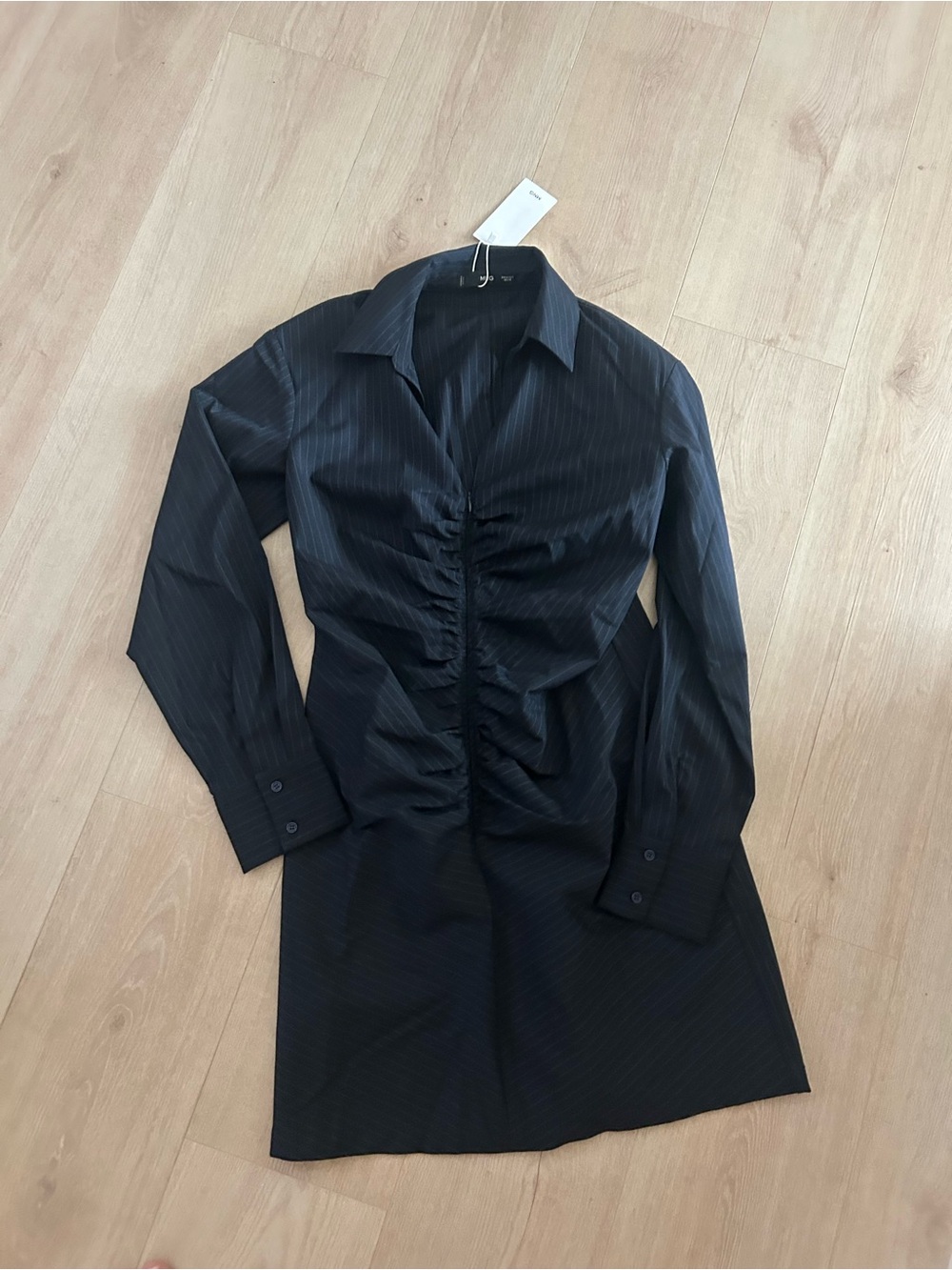 Mango Black Ruched-Front Long Sleeve Shirt Dress